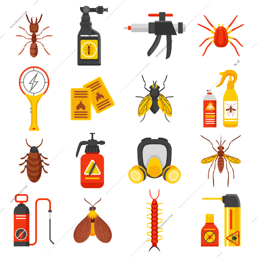 Pest control flat icons set with tick ant mosquito fly cockroach repellent and insecticide isolated vector illustration