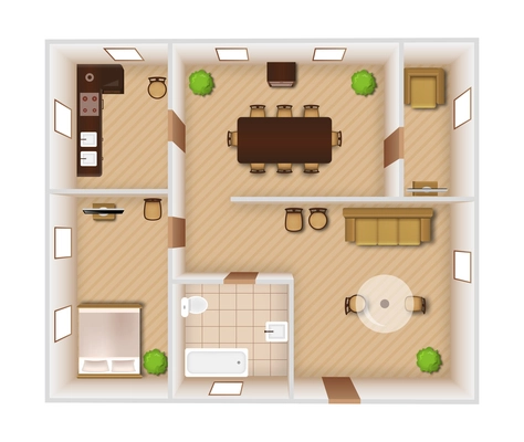 Flat rooms interior with furniture and equipment top view vector illustration