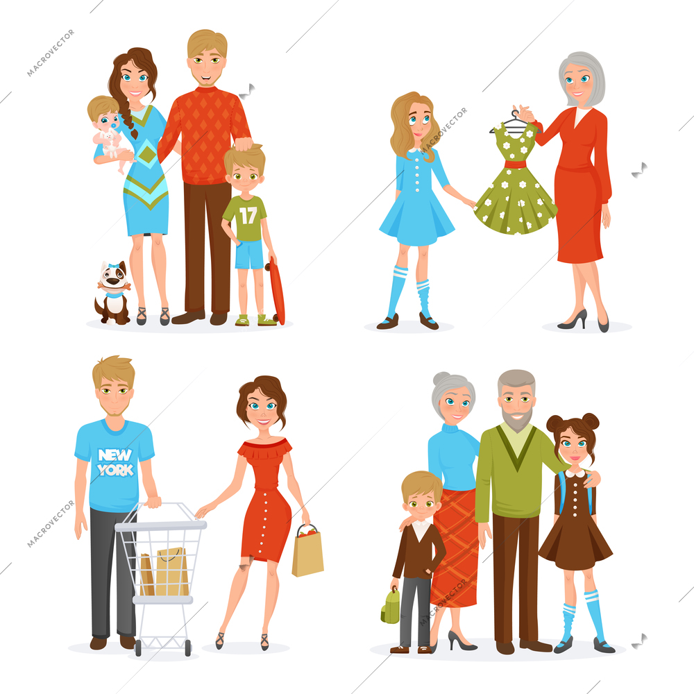 Happy big family decorative collection with mother father daughter son newborn grandfather and grandmother flat icons vector illustration