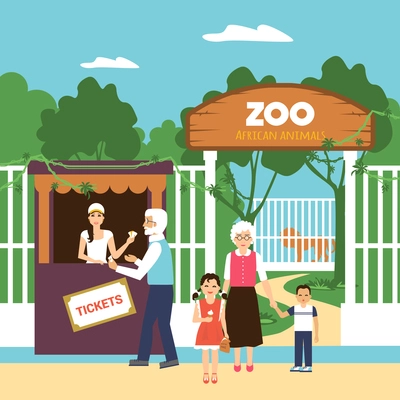 Old age people with grandchildren buying zoo tickets flat vector illustration