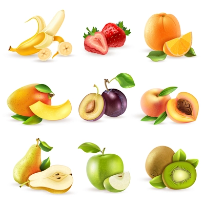 Fresh fruits and berries colorful pictograms compositions collection with mango strawberry and banana realistic isolated vector illustration