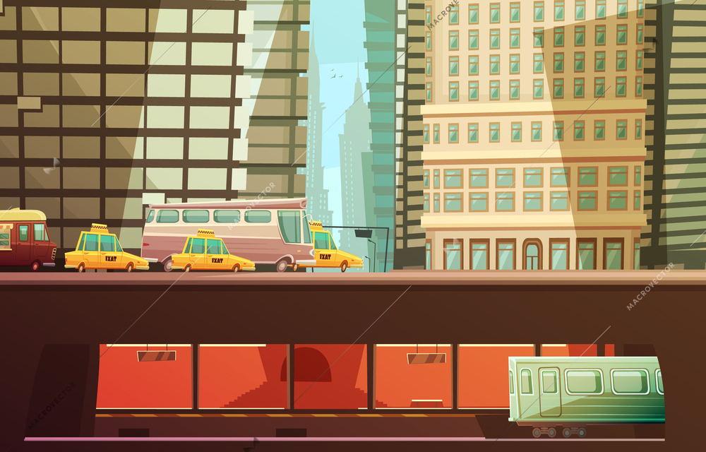 New york city design concept with skyscrapers and urban transport so as yellow cabs municipal transportation subway flat vector illustration