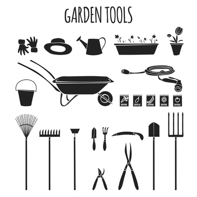Collection of garden related items tools and accessories for cultivating plants graphic pictograms isolated vector illustration