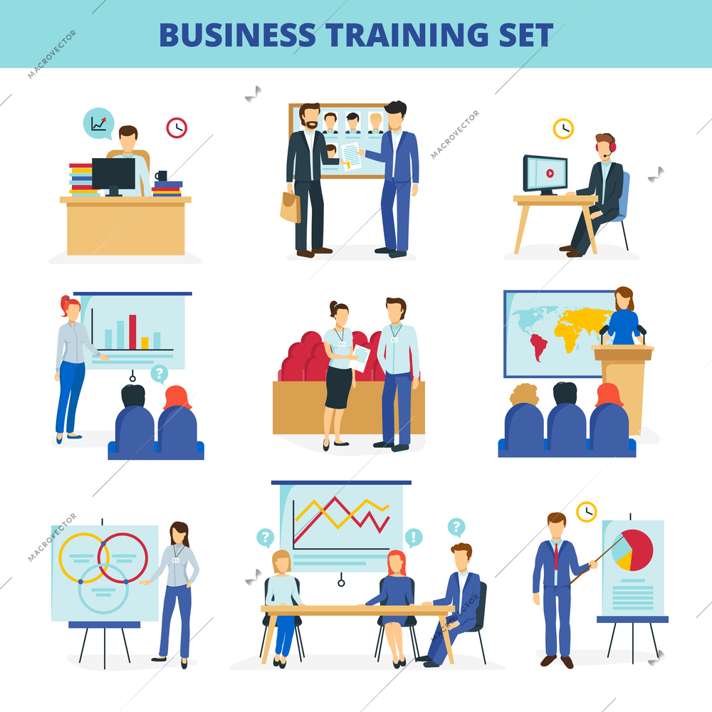 Business training and consulting institute programs for effective leadership and innovations flat icons collection isolated vector illustration