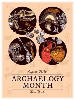 Hand drawn sketch archeology poster with knightly armour and skeleton of ancient  animal images vector illustration