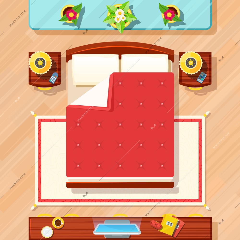 Bedroom top view design with bed TV lamps and flowers flat vector illustration