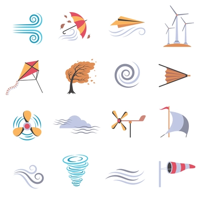 Set of color flat icons depicting different objects that make or use wind with white background vector illustration