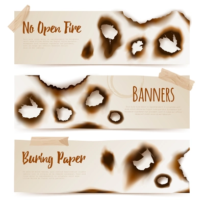 Set of horizontal paper banners with Burned edges and  burnt holes in realistic style vector  illustration