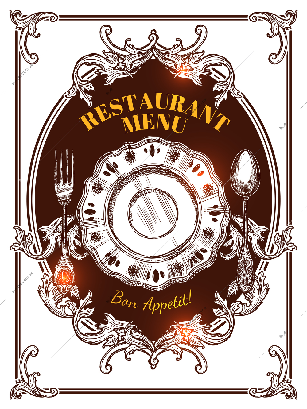 Restaurant menu hand drawn vintage cover with elements of serving and wishes for good appetite vector illustration