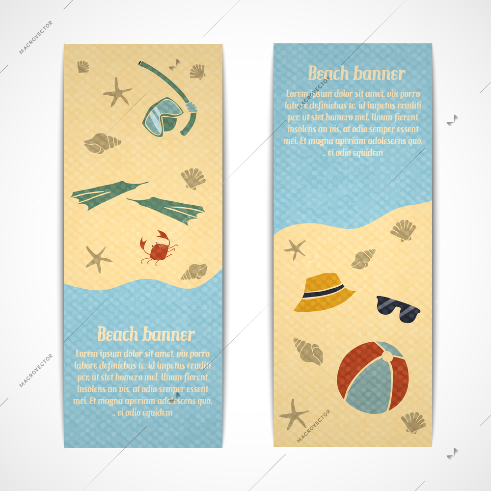 A set of retro vertical summer vacation travel banners with fins snorkel sunglasses and hat on the beach vector illustration