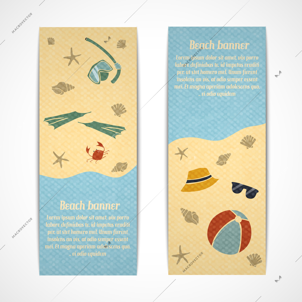 A set of retro vertical summer vacation travel banners with fins snorkel sunglasses and hat on the beach  vector illustration