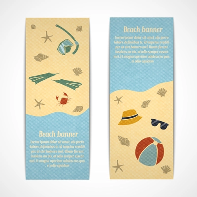 A set of retro vertical summer vacation travel banners with fins snorkel sunglasses and hat on the beach  vector illustration