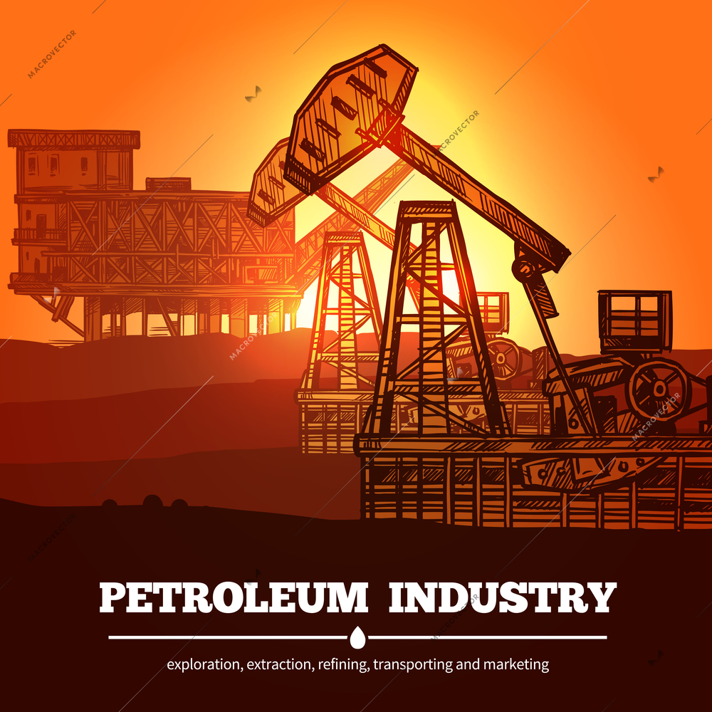 Petroleum industry design concept with hand drawn oil rigs and description exploration extraction refining transporting and marketing vector illustration