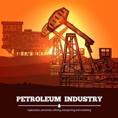 Petroleum industry design concept with hand drawn oil rigs and description exploration extraction refining transporting and marketing vector illustration