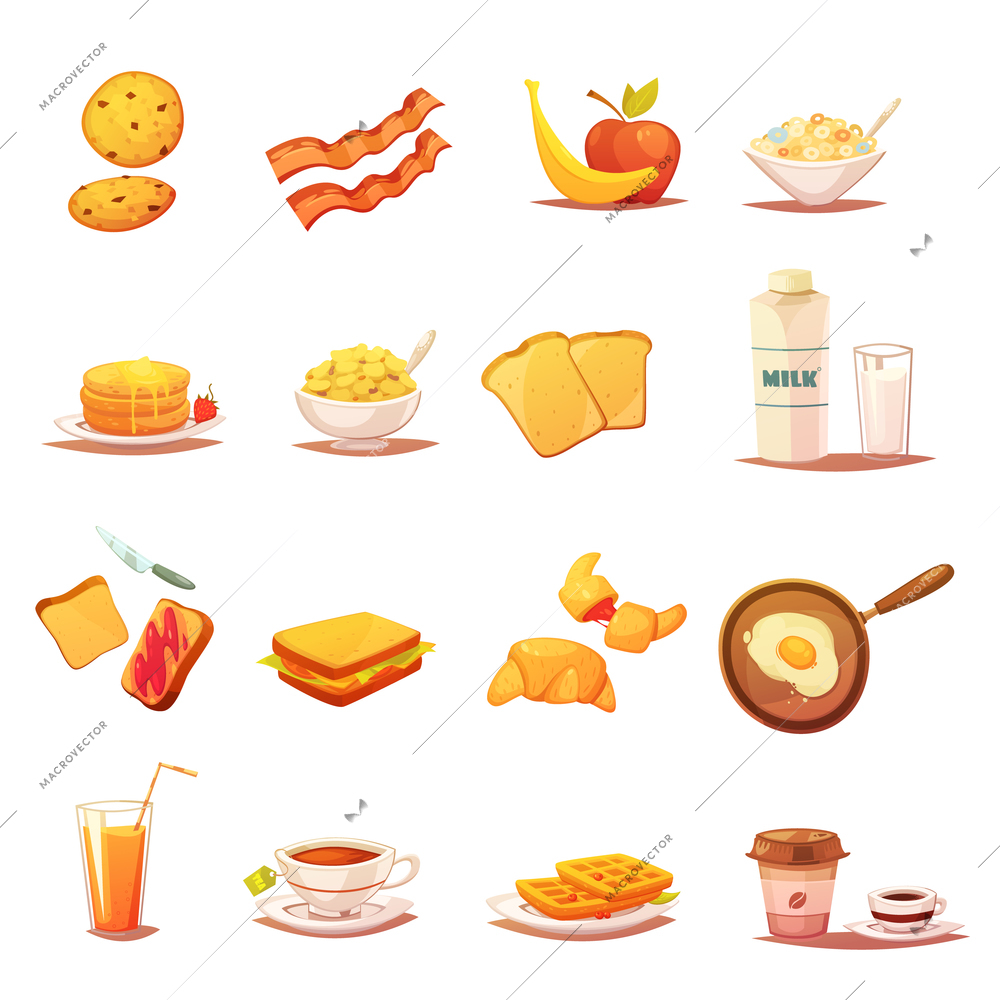 Classic breakfast icons collection with beacon fruits croissant milk and english tea abstract retro isolated vector illustration