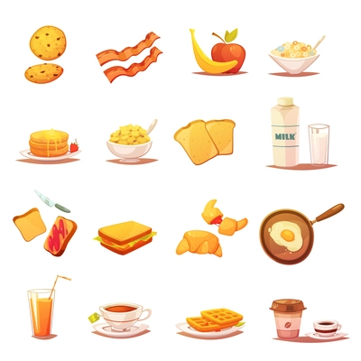 Classic breakfast icons collection with beacon fruits croissant milk and english tea abstract retro isolated vector illustration