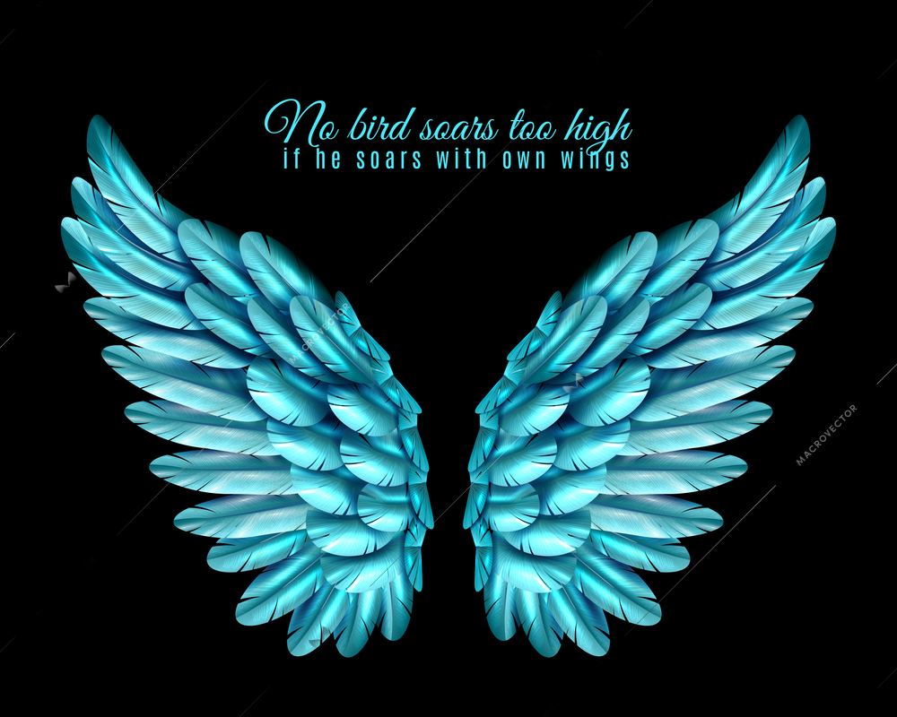 Black background with bright pair of big bird wings of blue color in middle and quotation realistic vector illustration