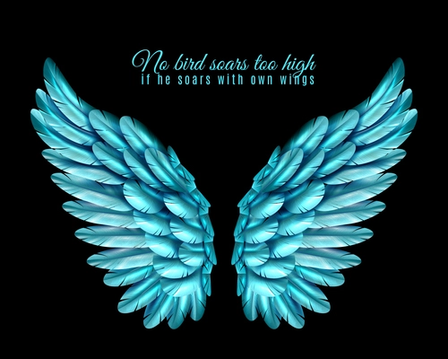 Black background with bright pair of big bird wings of blue color in middle and quotation realistic vector illustration