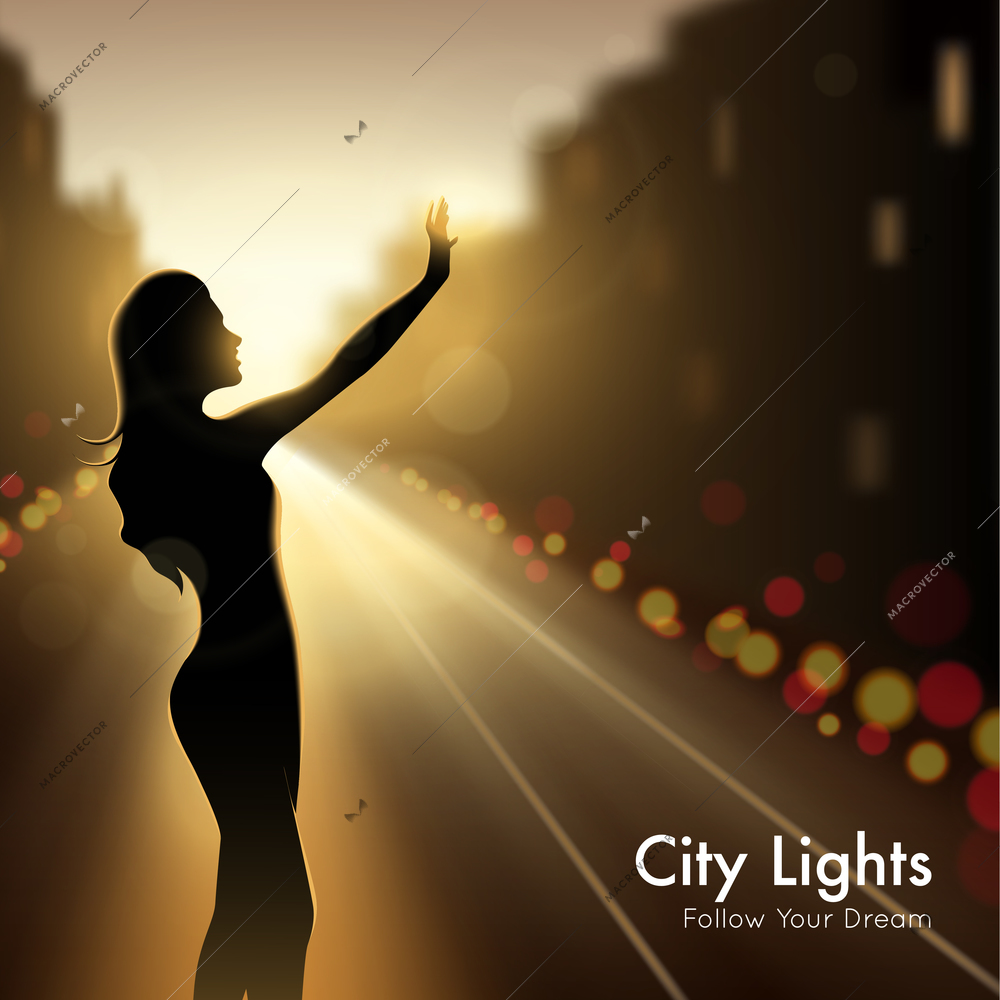 Girl silhouette in city lights design concept at night urban background and description follow your dream vector llustration