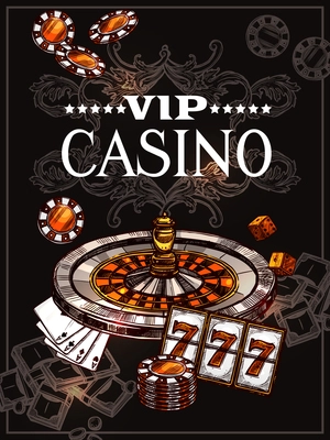 Vip casino poster with roulette wheel cards for poker play chips dice and jackpot icons in sketch style vector illustration