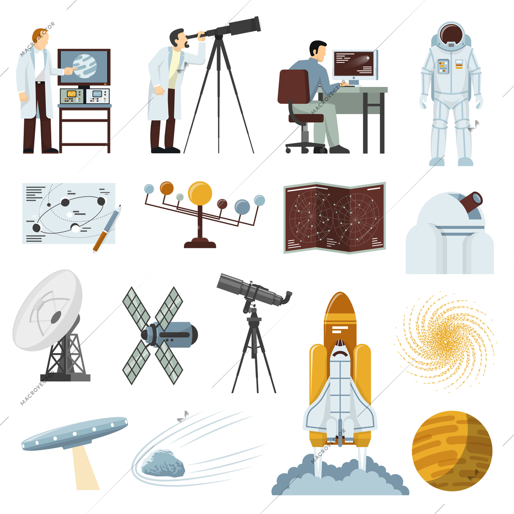 Astronomy study research equipment flat icons collection with radio telescope spacecraft and astronaut space suit isolated vector illustration