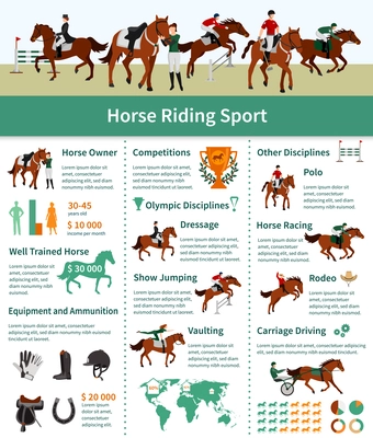 Horse rising infographics flat layout with rodeo carriage driving dressage vaulting advertising vector illustration