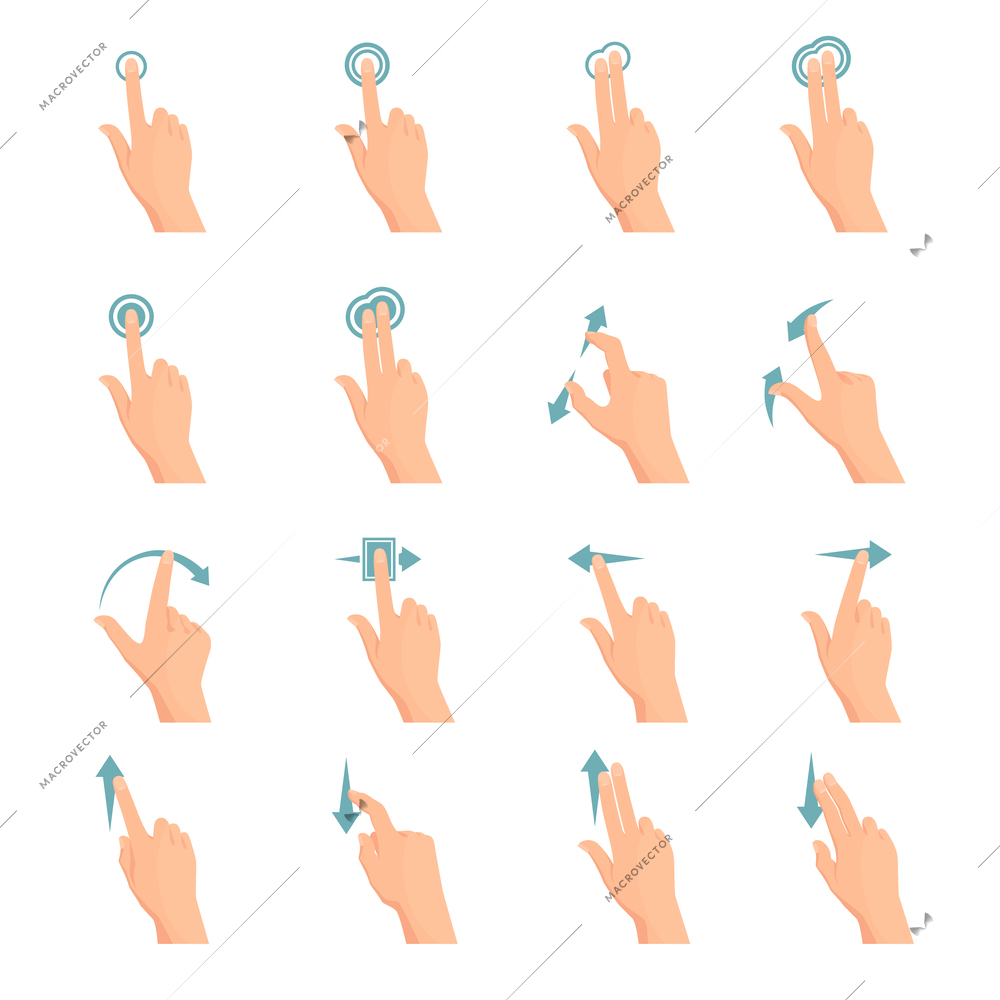 Touch screen hand gestures flat colored icon series with arrows showing direction of movement of fingers isolated vector illustration