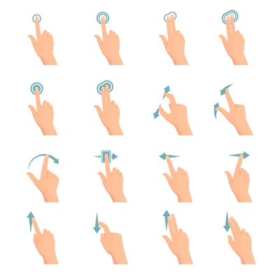 Touch screen hand gestures flat colored icon series with arrows showing direction of movement of fingers isolated vector illustration