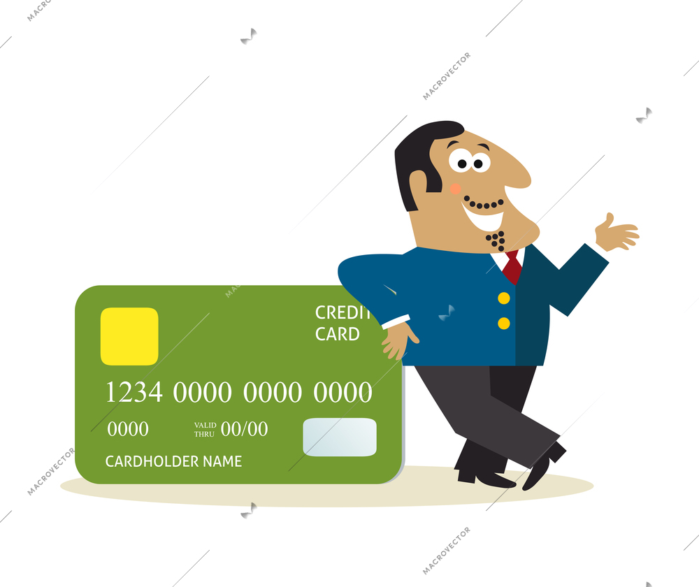 Business man with credit card promo template vector illustration
