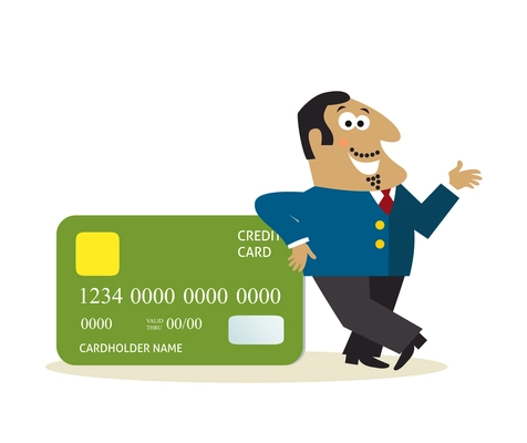 Business man with credit card promo template vector illustration