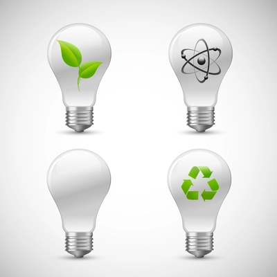 Green bio light bulbs 3d realistic icons set with leaf atom and recycling isolated vector illustration