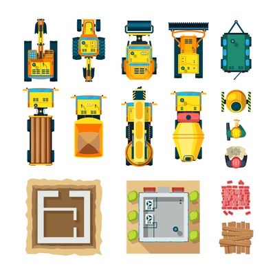 Construction icons set top view with construction machines flat isolated vector illustration