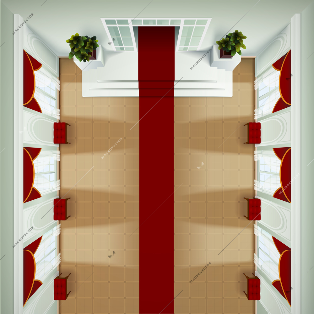 Top view of theater club or hotel foyer interior with red carpet banquette and portieres realistic vector illustration