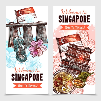 Singapore vertical banners in hand drawn style with merlion and marina bay sands images and description welcome to singapore vector illustration