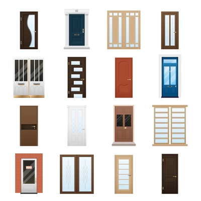 Various colorful closed front double and single doors to houses and buildings isolated on white background flat vector illustration