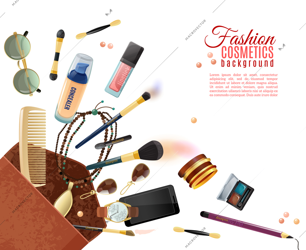 Fashion flat background with cosmetics various accessories and makeup tools in beauty bag on white background vector illustration