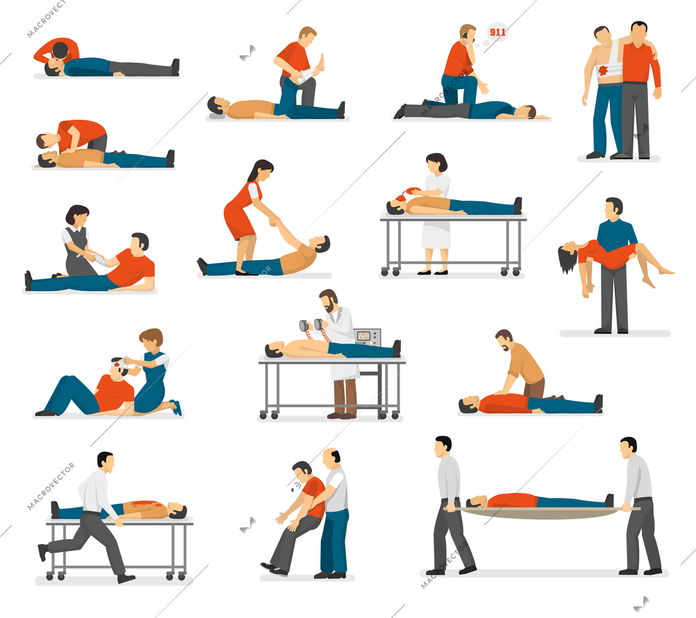 First aid emergency treatment and cpr technique in life threatening situations flat icons collection abstract isolated vector illustration