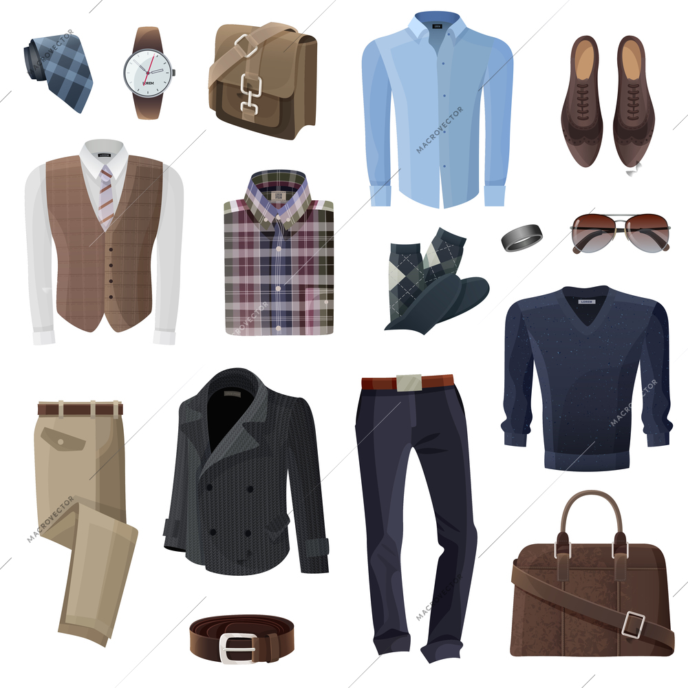 Flat fashion formal wear and accessories set for business man in shades of brown black and blue on white background isolated vector illustration