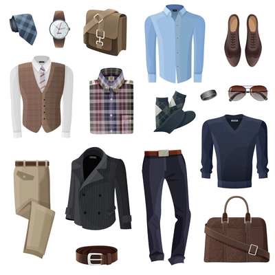 Flat fashion formal wear and accessories set for business man in shades of brown black and blue on white background isolated vector illustration