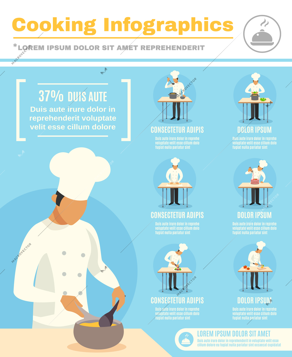 Cook profession infographic set with data and percentage flat vector illustration