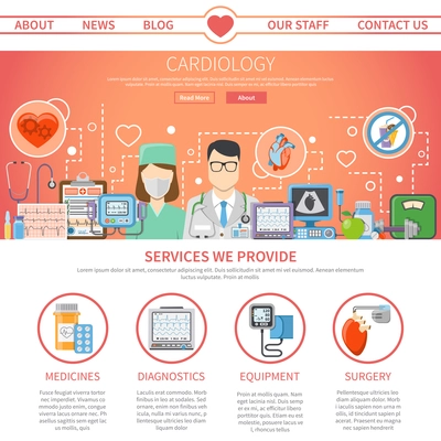 Website flat page presenting information about services provided by cardiology center and tools for heart care vector illustration