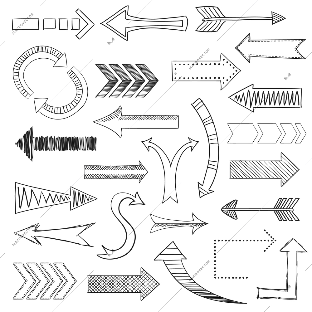 Different directions arrows sketch pencil drawing icons set flat isolated vector illustration