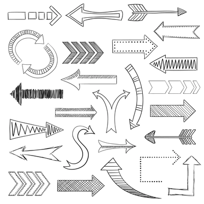 Different directions arrows sketch pencil drawing icons set flat isolated vector illustration