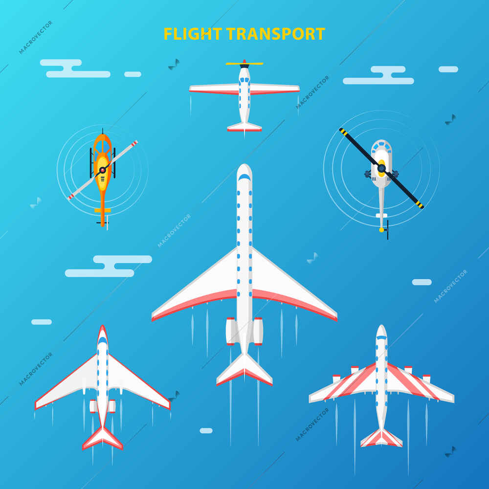 Air transport at flight collection top view with helicopters and airplanes blue sky background abstract vector illustration