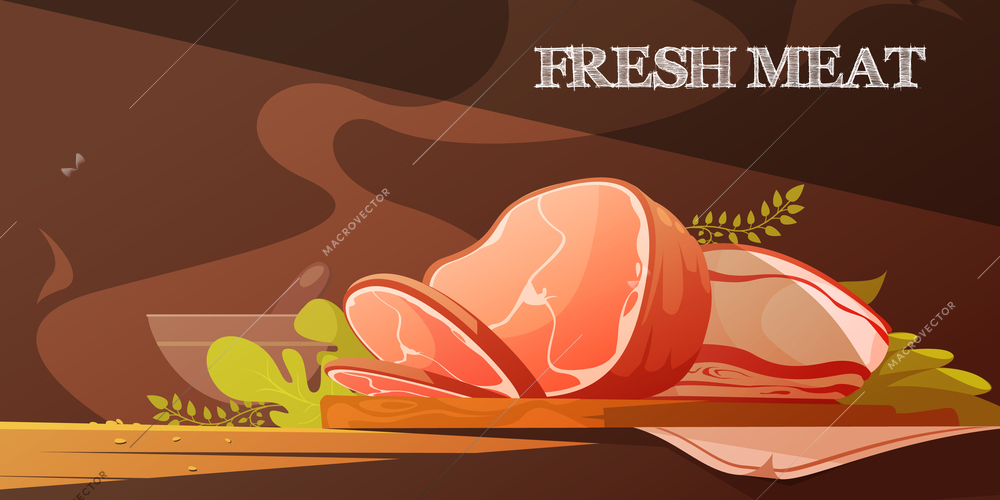 Fresh meat flat vector illustration in cartoon style with delicious slice of bacon and baked pork ham