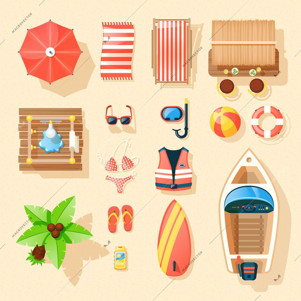 Beach vacation accessories collection top view with palm motorboat surfboard swimming suits and parasol isolated vector illustration