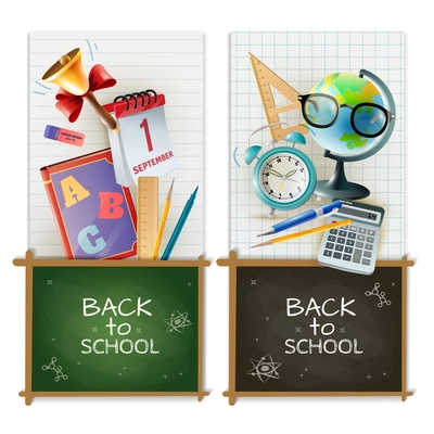 Back to school 2 vertical realistic banners set with chalkboards alarm clock and classroom accessories isolated vector illustration