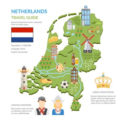 Flat design netherlands travel guide infographics presenting green map with dutch symbols flag and national costumes on white background vector illustration