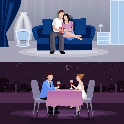 Happy couples people in romantic atmosphere at home and restaurant flat compositions isolated vector illustration