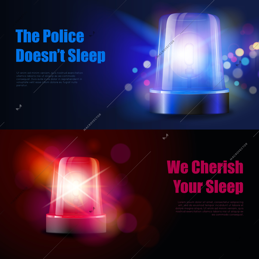 Police flasher siren with light effects banners isolated realistic vector illustration